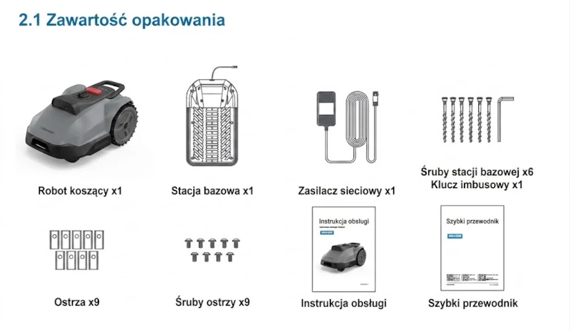 Co znajduje się w zestawie TerraMow Mini 500 Zawartość opakowania TerraMow Mini 500